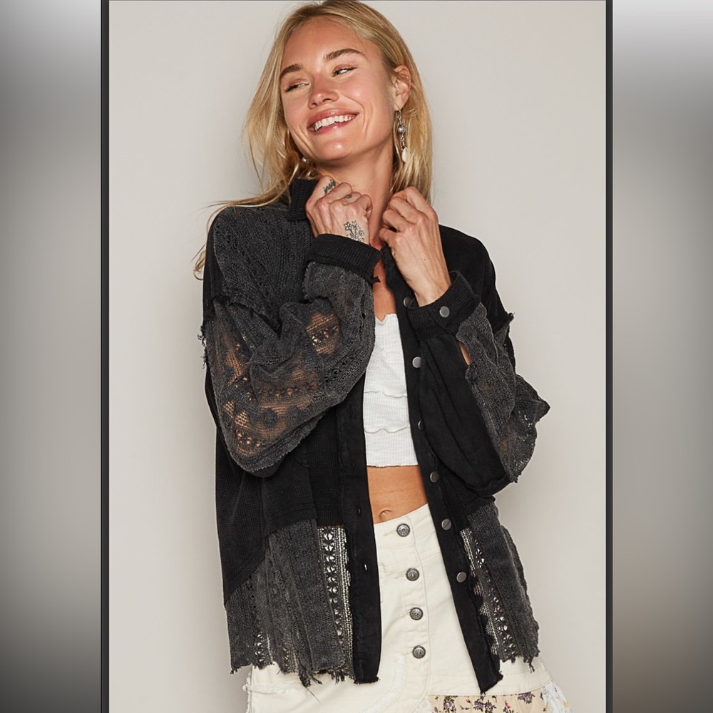 POL Black and Charcoal Distressed Patchwork Jacket; Size L; New